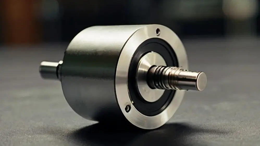 Encoder rotativo metálico com eixo aparente sobre superfície escura